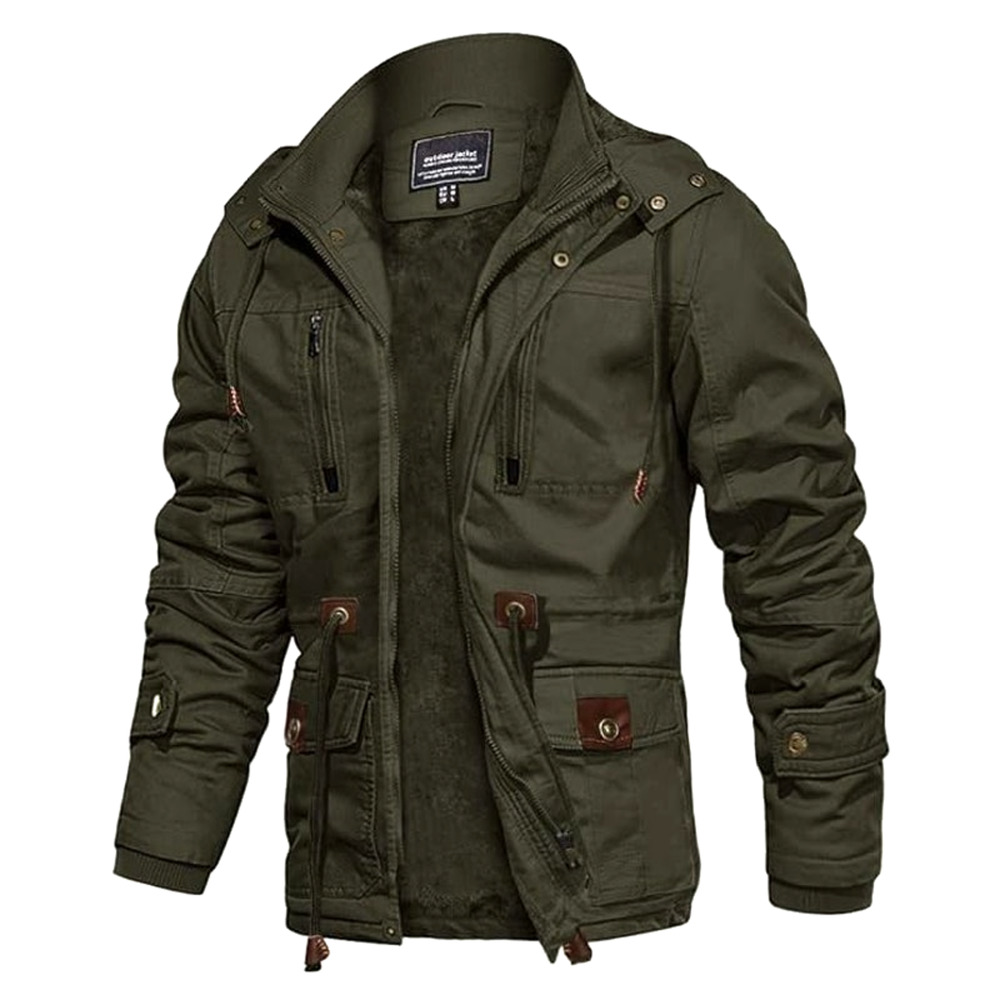 CRYSULLY Military Jacket Field Fleece Cargo Coat Green Removable Hood Sz L Men's